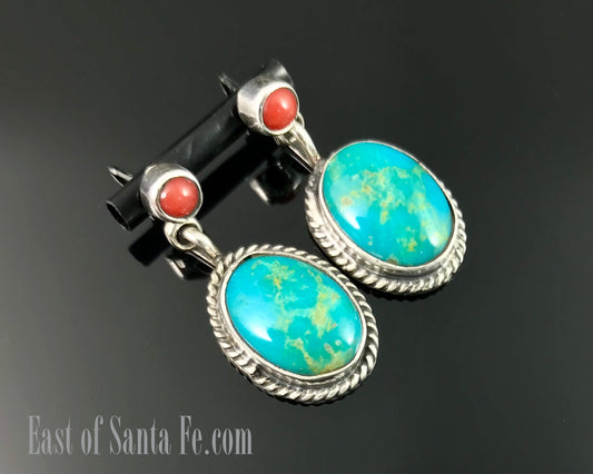 Turquoise and Red Coral Earrings Navajo Native American Sterling Silver