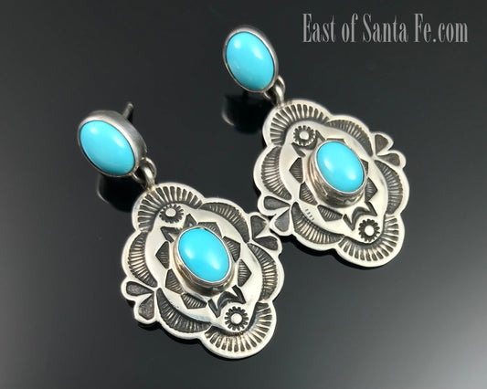 Navajo Turquoise Stamped Concho Earrings Native American - Happy Piasso