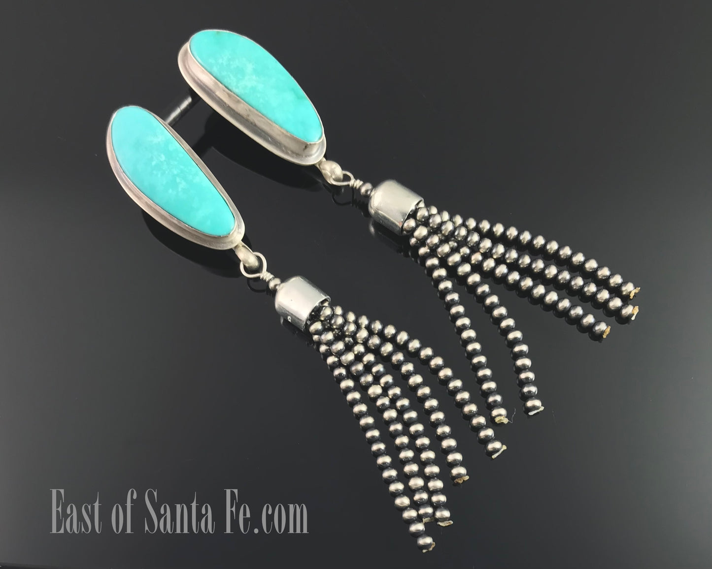 Turquoise Tassel Native American Navajo Sterling Silver Earrings Signed - Gilbert Nez