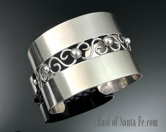 Bold Sterling Silver Wide Cuff with Scrolls - JM