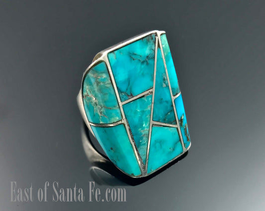 Vintage Inlay Turquoise Saddle Native American Navajo Size 10 1/2 Ring - Sam Begay