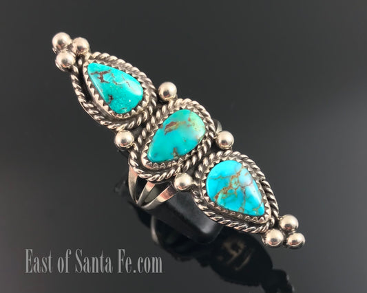 3 Blue Gem Turquoise Native American Apache Navajo Ring Size 9: Rosella Paxson