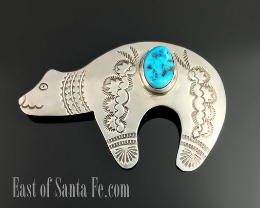 Large Hand Stamped Silver and Turquoise Bear Pin Native American Navajo - NAKAI