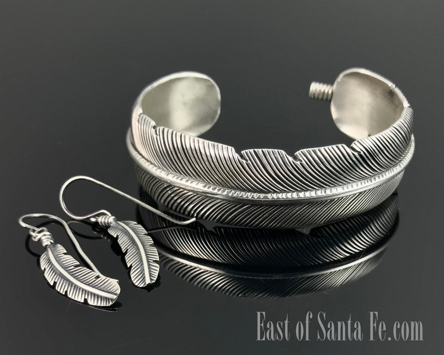 Navajo Sterling Silver Feather Native American Bracelet & Earrings - Harvey Mace