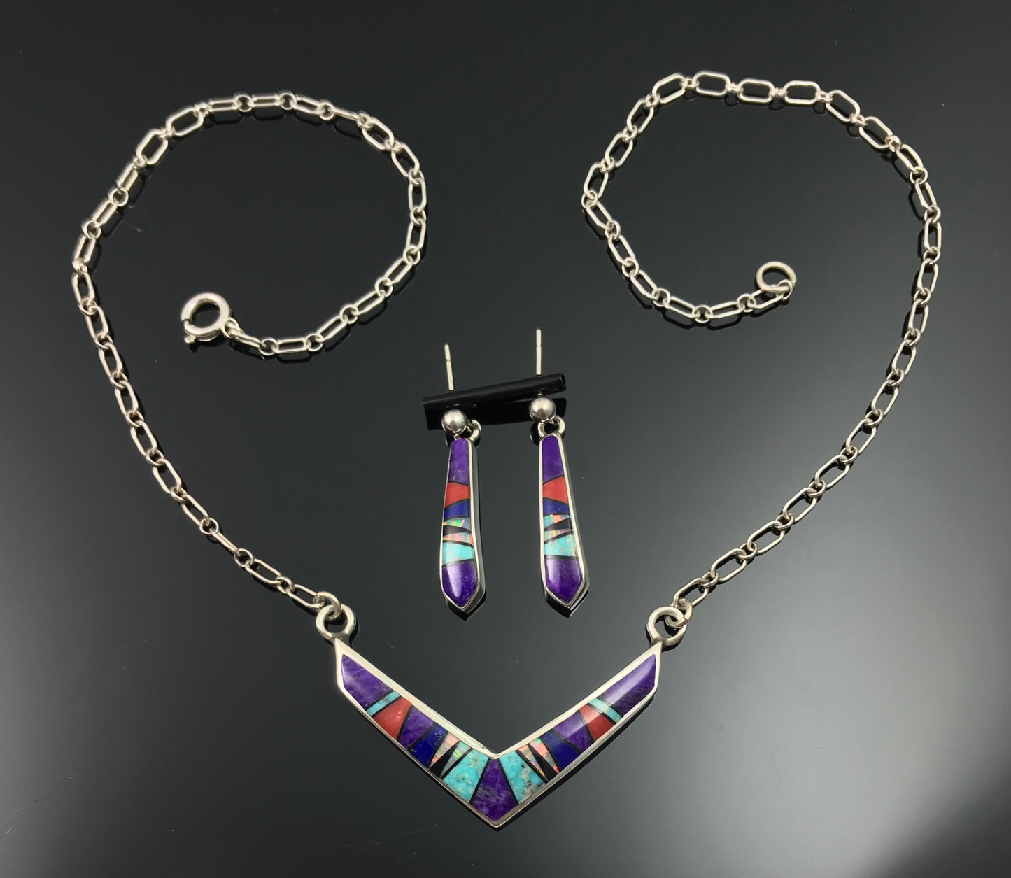 Vintage Inlay Necklace and Earrings Set Navajo Native American: Ervin Hoskie