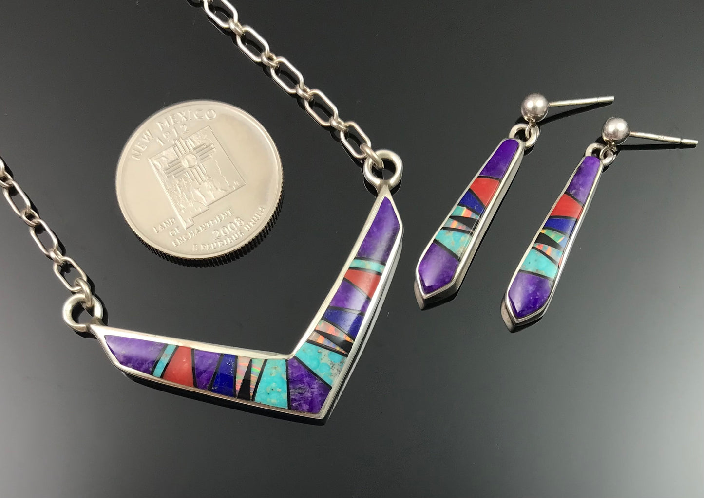 Vintage Inlay Necklace and Earrings Set Navajo Native American: Ervin Hoskie