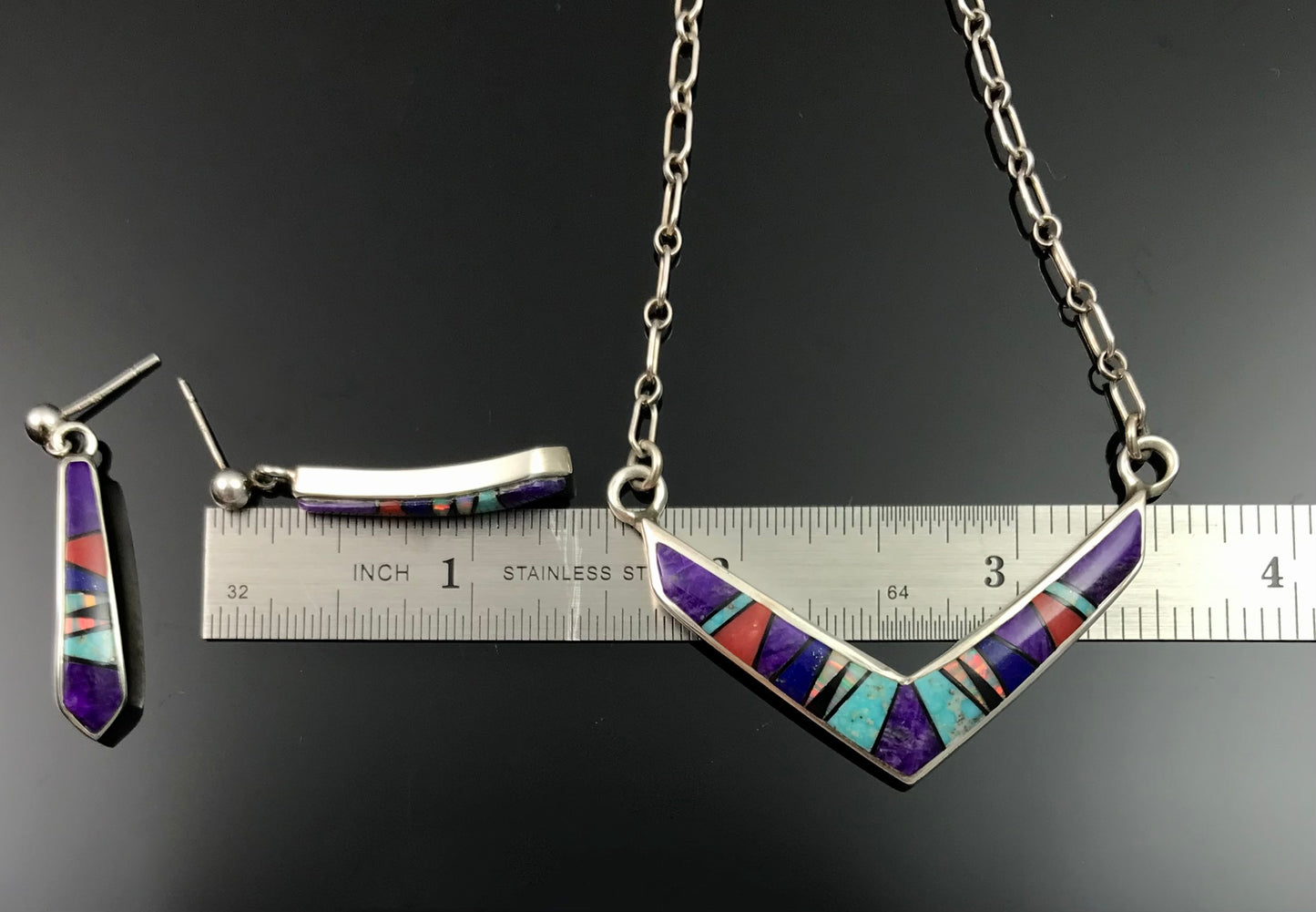 Vintage Inlay Necklace and Earrings Set Navajo Native American: Ervin Hoskie