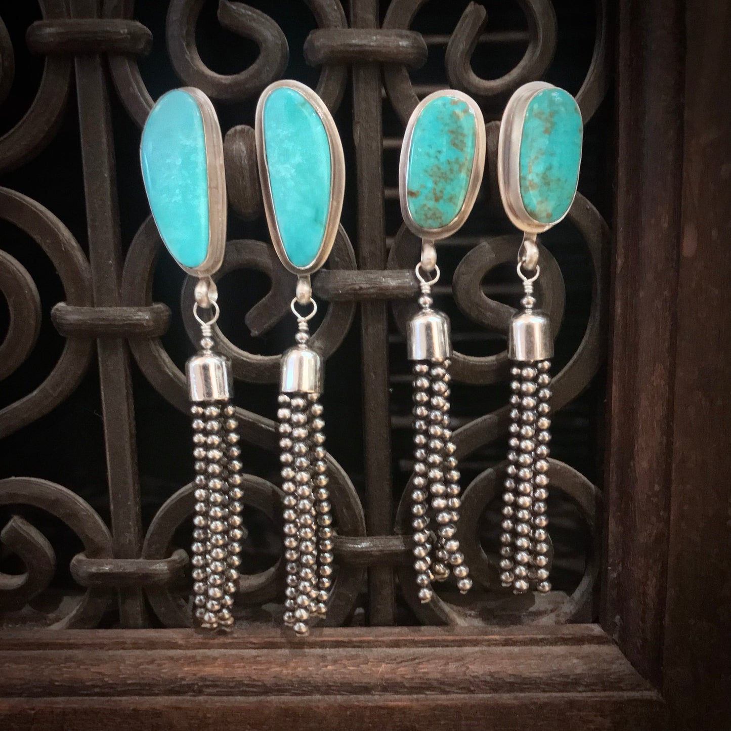 Turquoise Tassel Native American Navajo Sterling Silver Earrings Signed - Gilbert Nez