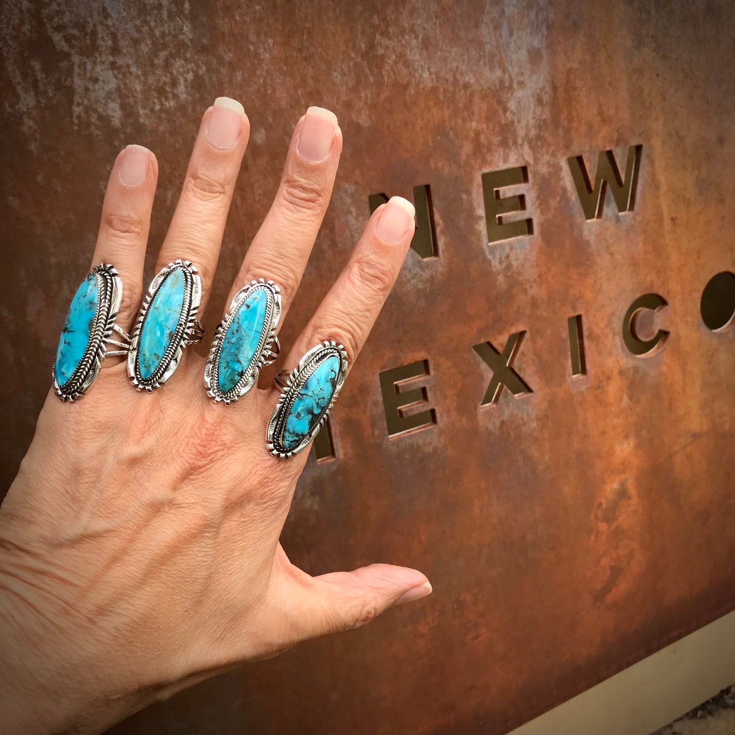 Long Turquoise Ring Navajo Native American Size 8 Sterling Silver