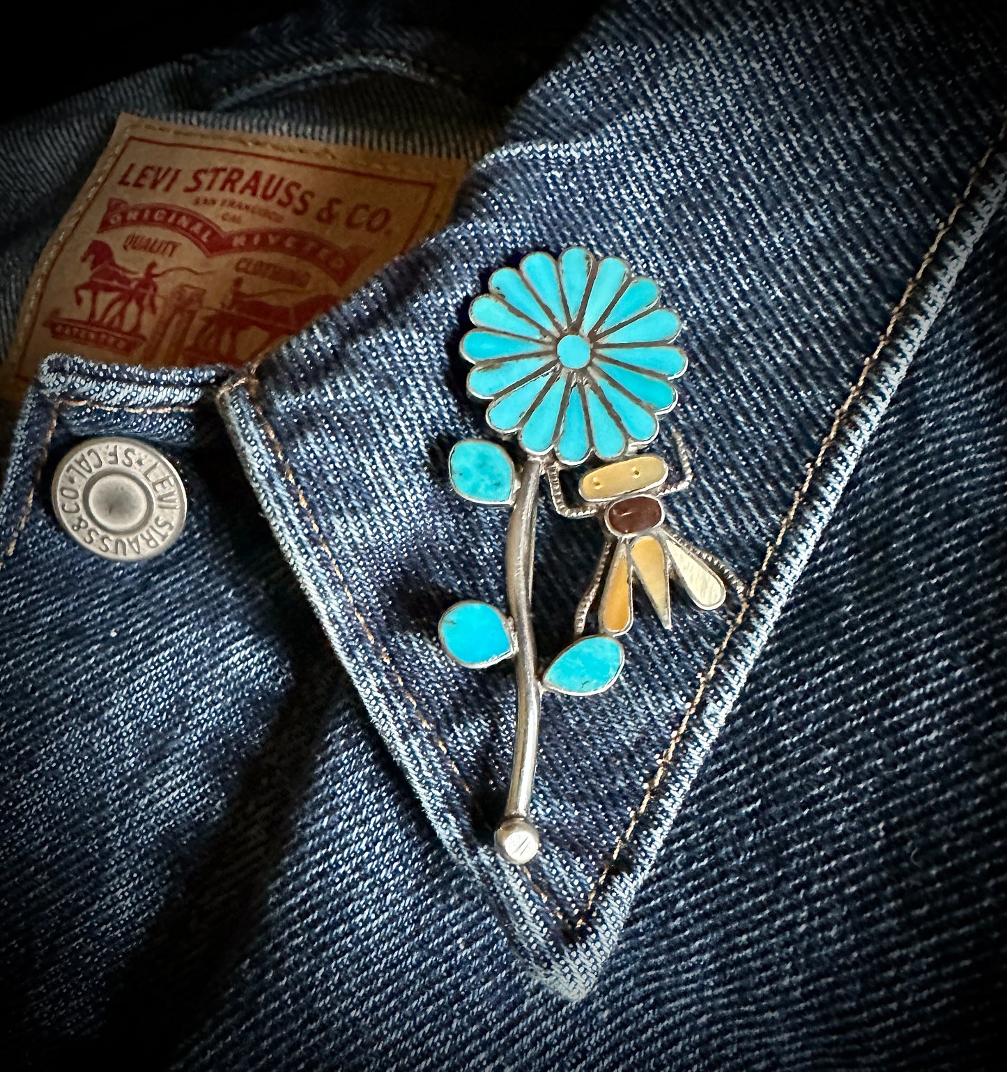 Vintage Zuni Inlay Flower and Bug Pin - CJK