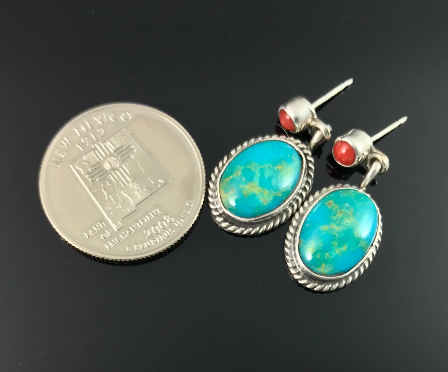 Turquoise and Red Coral Earrings Navajo Native American Sterling Silver