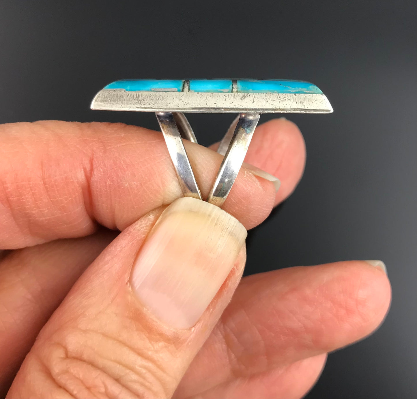 Vintage Inlay Turquoise Native American Navajo Size 6 3/4 Ring - E Spencer