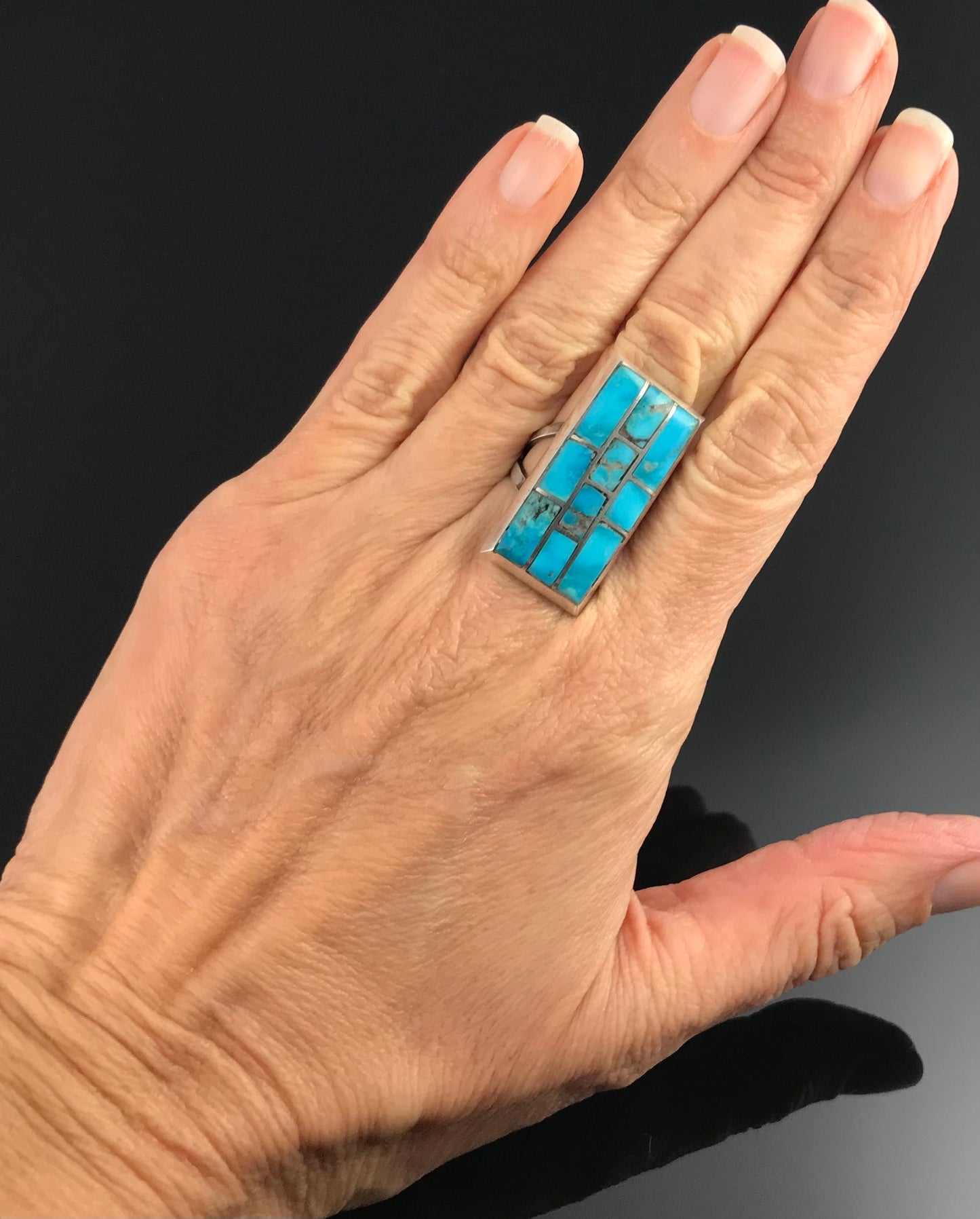 Vintage Inlay Turquoise Native American Navajo Size 6 3/4 Ring - E Spencer