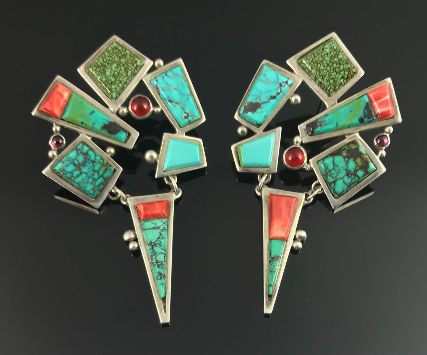 One of a Kind Abstract Modernist Turquoise, Spiny Oyster Earrings - Aurum
