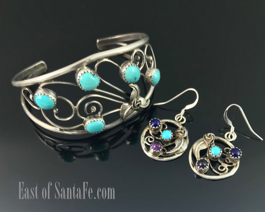 Turquoise on Swirling Wind Native American Navajo Cuff Bracelet and Earrings