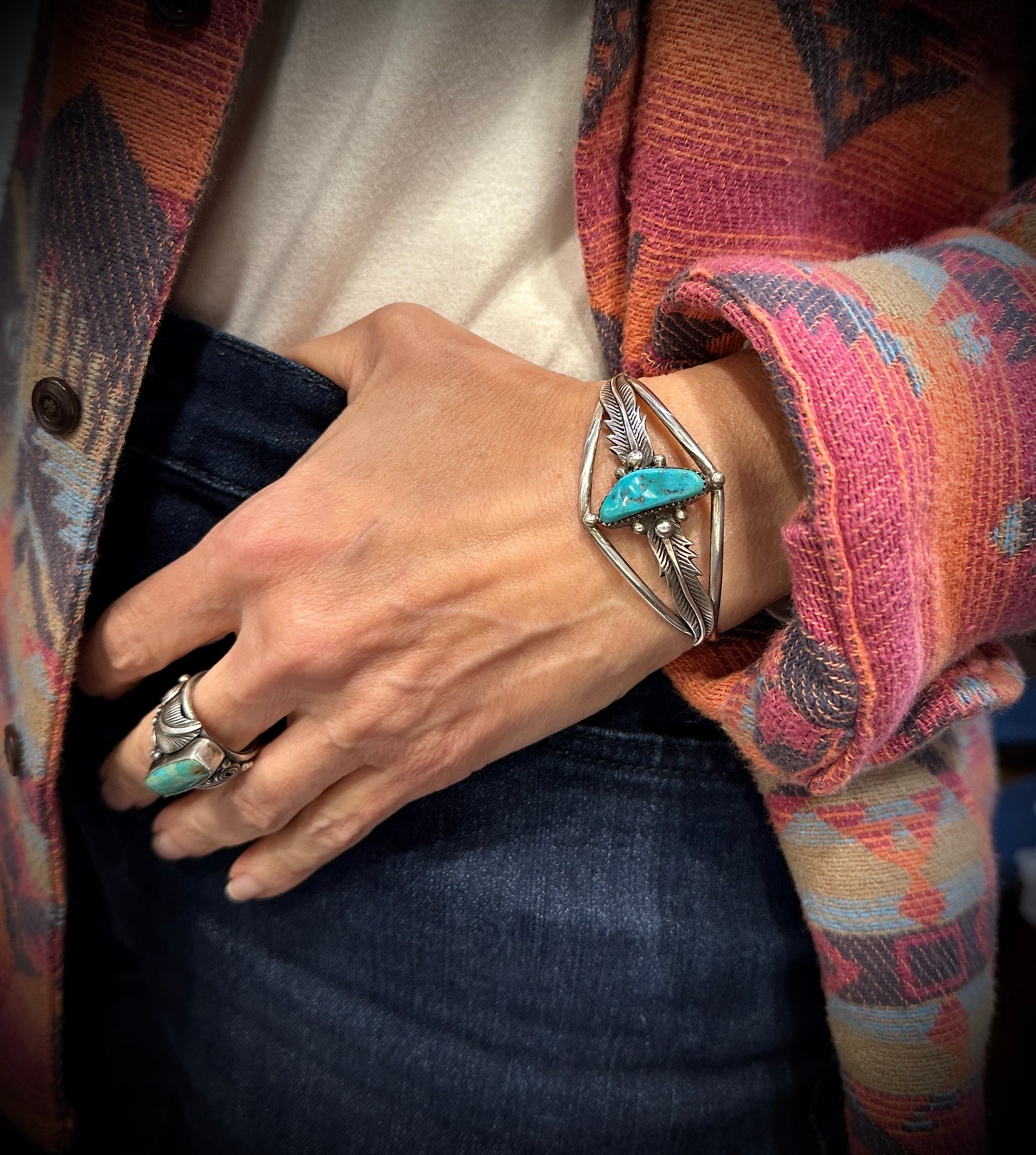 Turquoise and Feathers Navajo Native American Feathers Cuff Bracelet - Edward Becenti