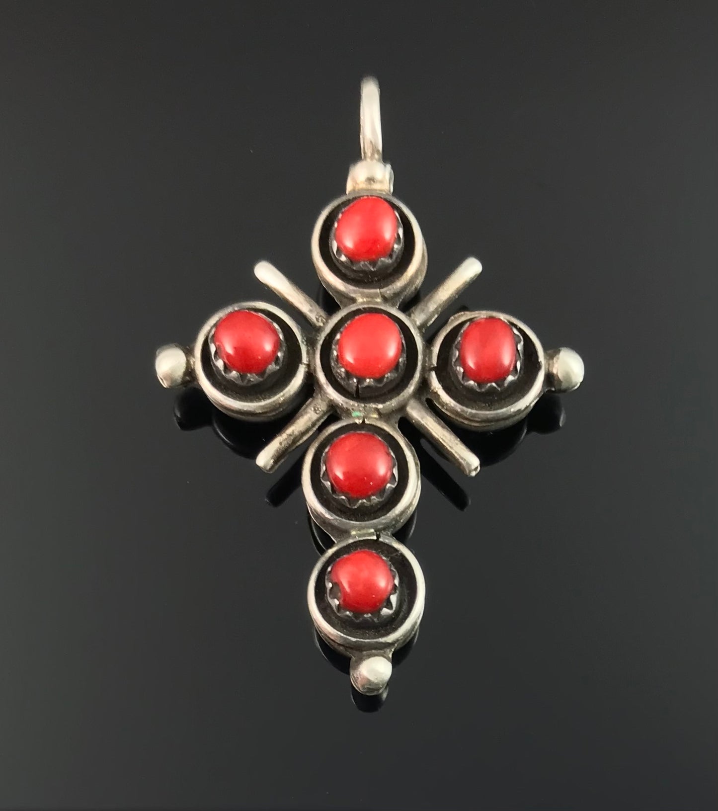 Zuni Reversible Turquoise & Red Coral Cross Pendant Native American- Vintage