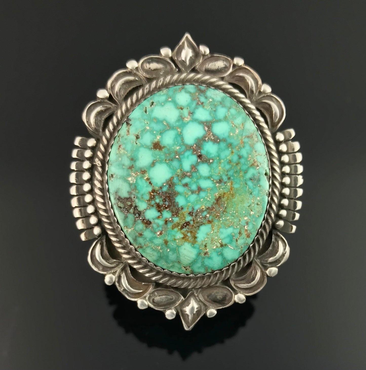 Ornate Turquoise Navajo Native American Sterling Silver Ring Size 8 Signed: Bennie Ration