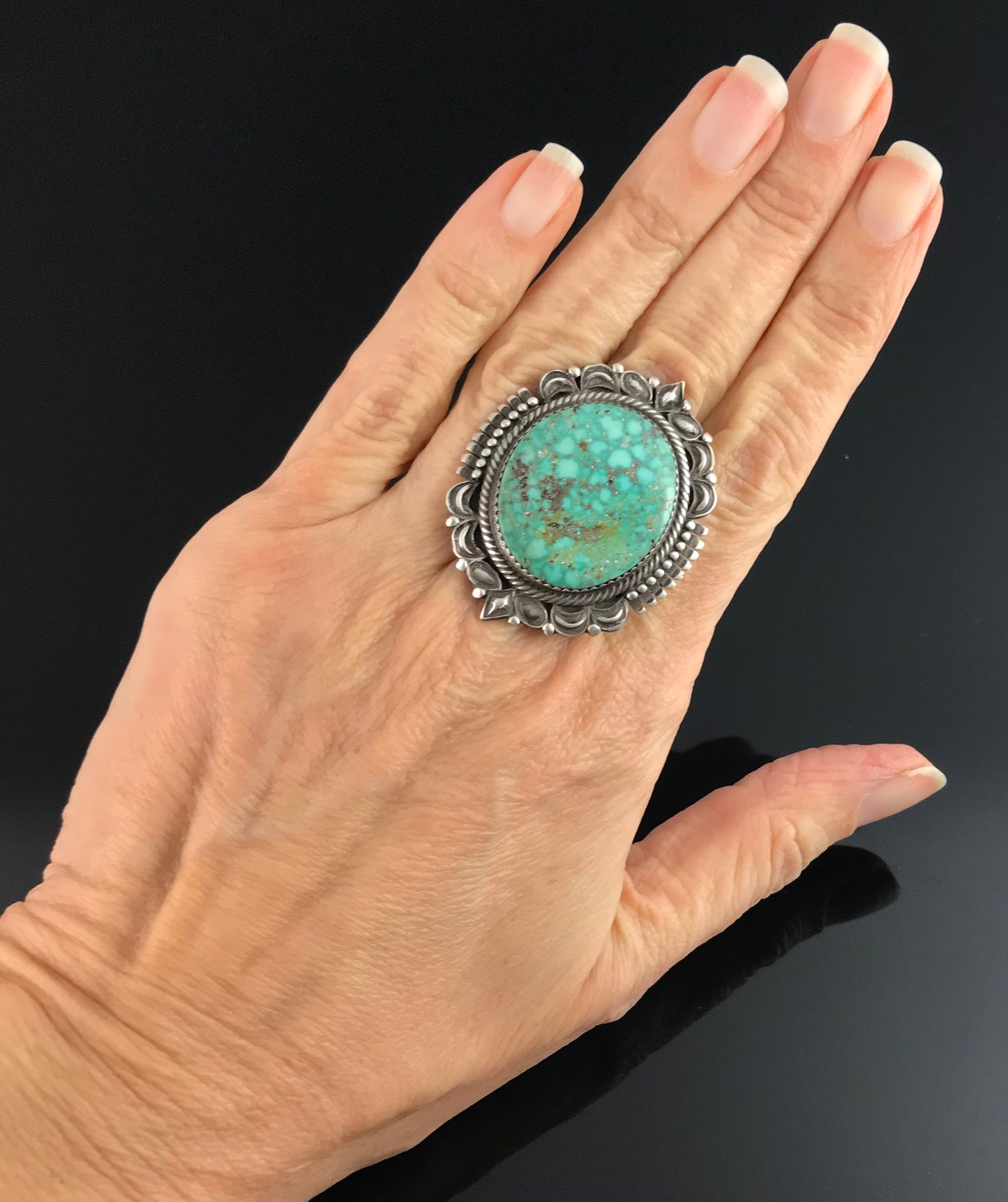 Ornate Turquoise Navajo Native American Sterling Silver Ring Size 8 Signed: Bennie Ration