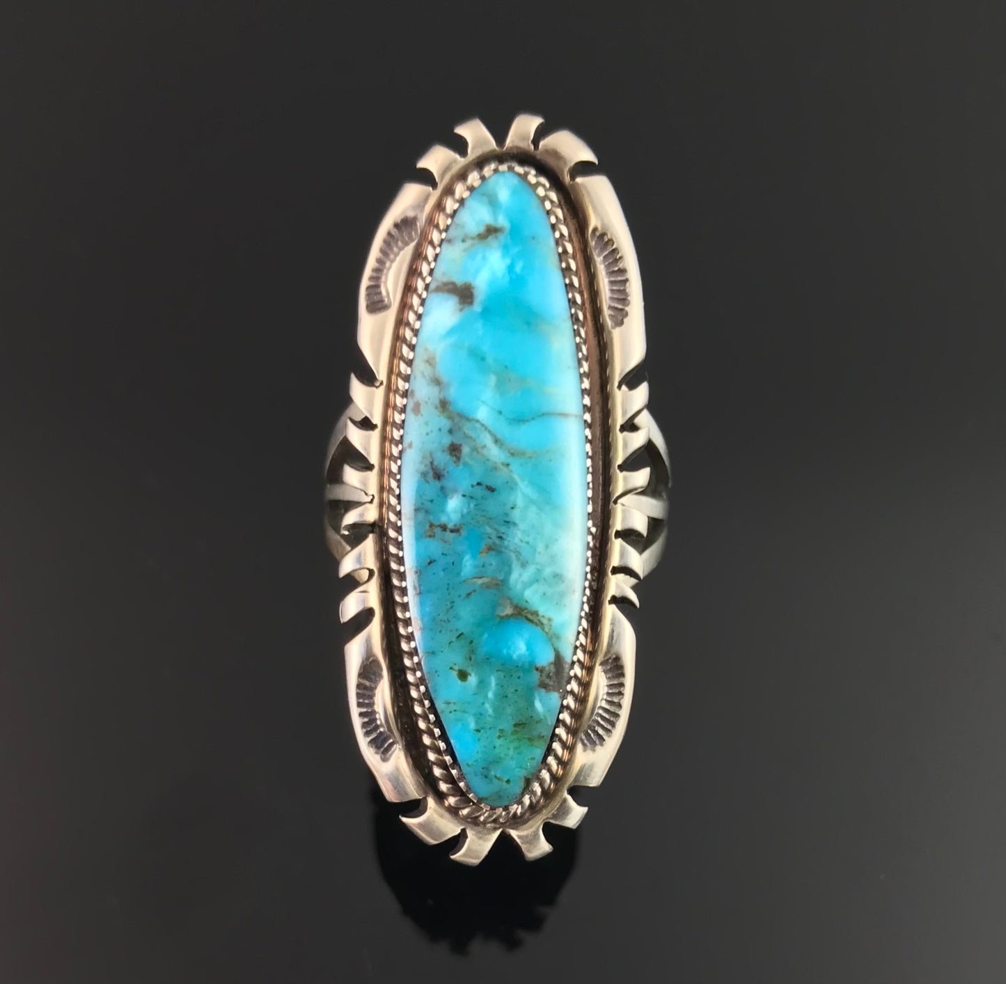 Long Turquoise Ring Navajo Native American Size 8 Sterling Silver