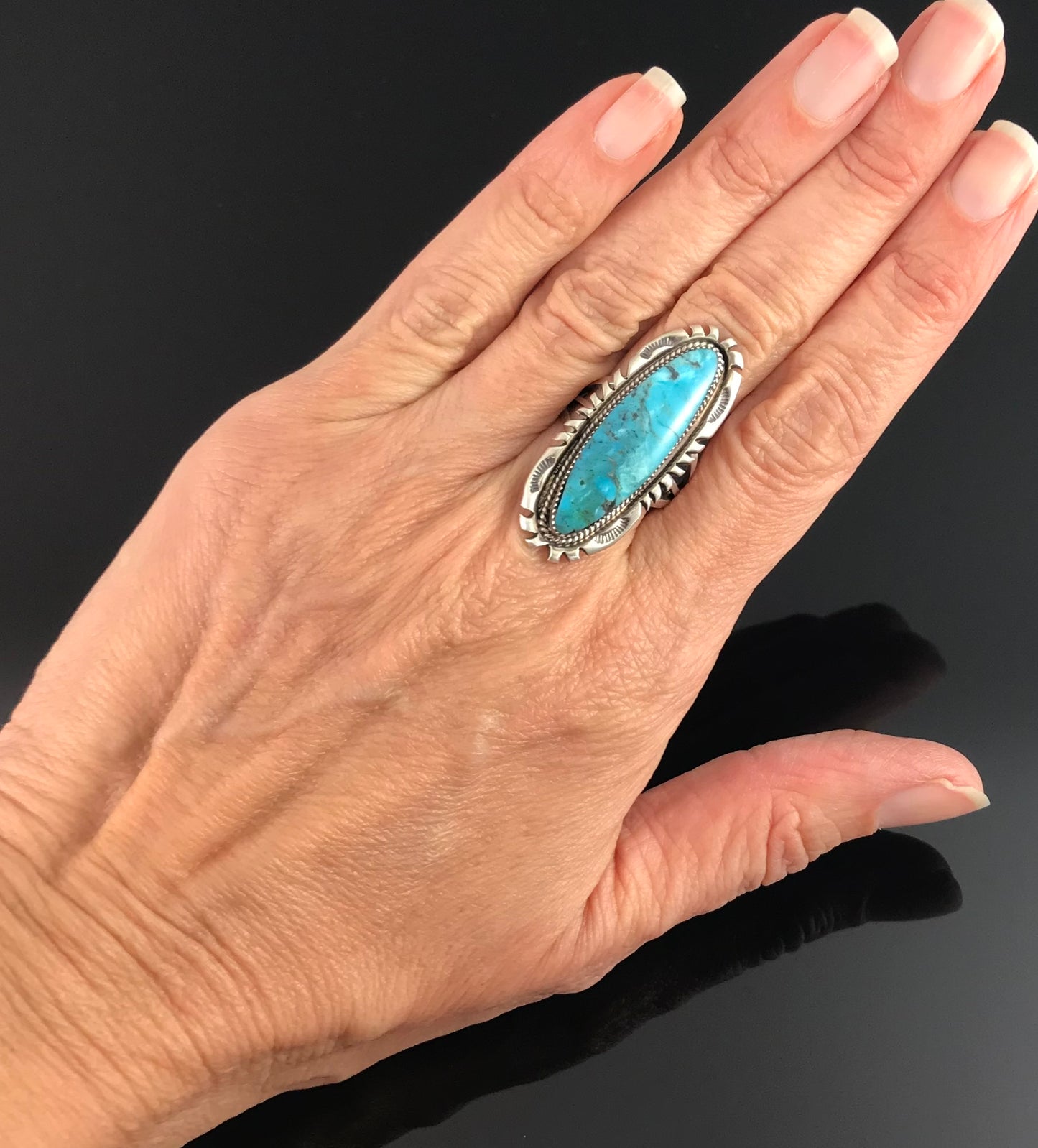 Long Turquoise Ring Navajo Native American Size 8 Sterling Silver