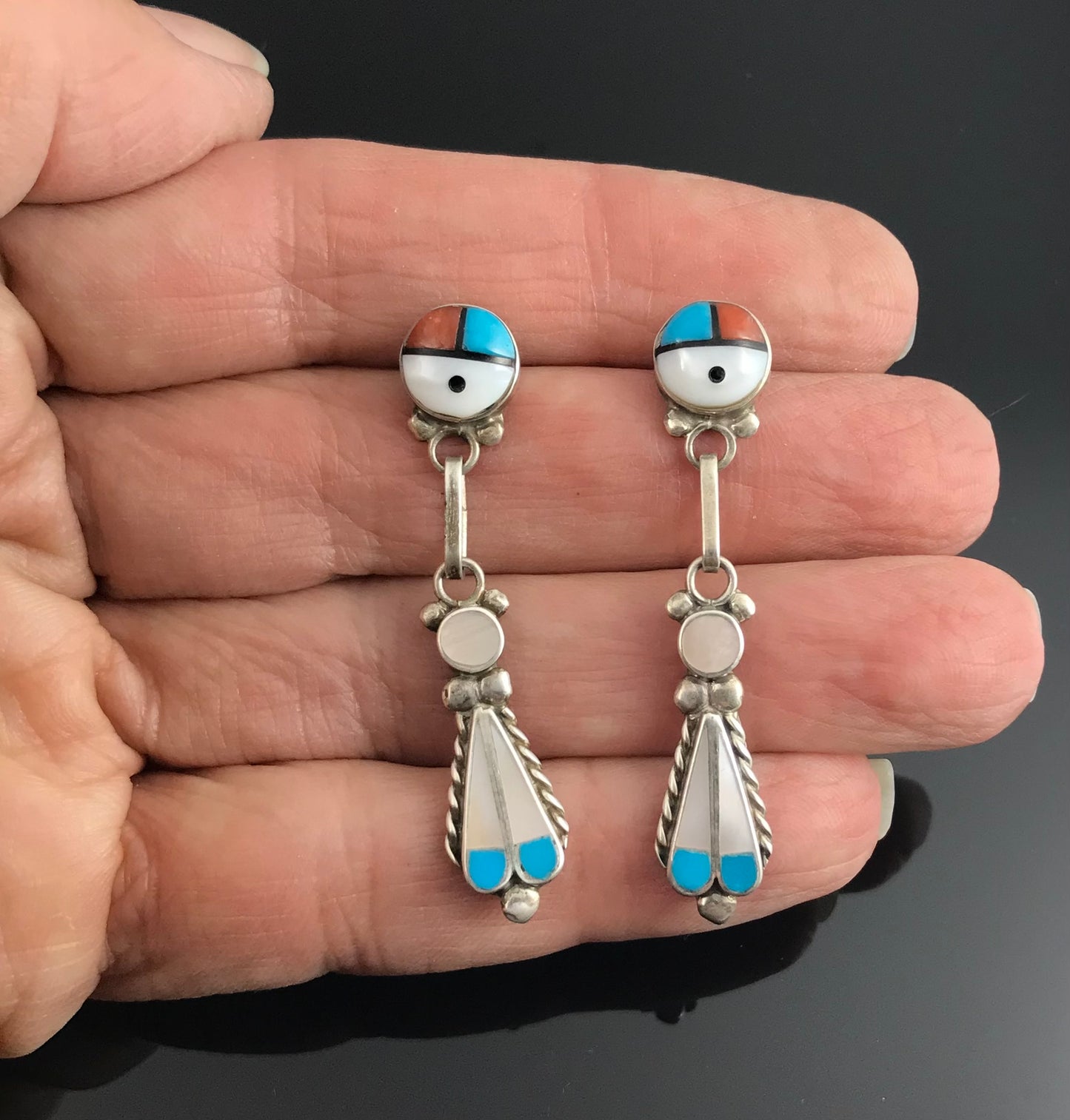 Traditional Zuni Sun Face Inlay Earrings Native American - Vintage