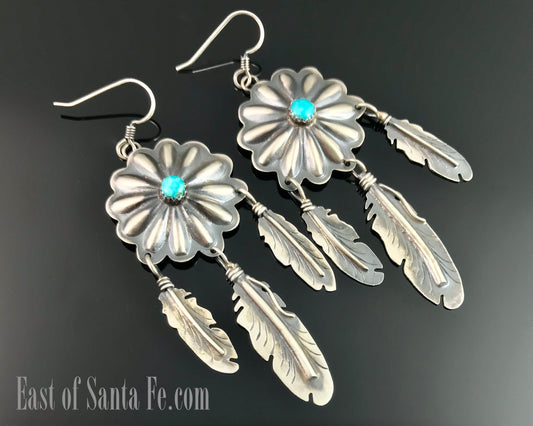 Turquoise Concho and Feather Earrings Native American Navajo - Cordarllo Chee.