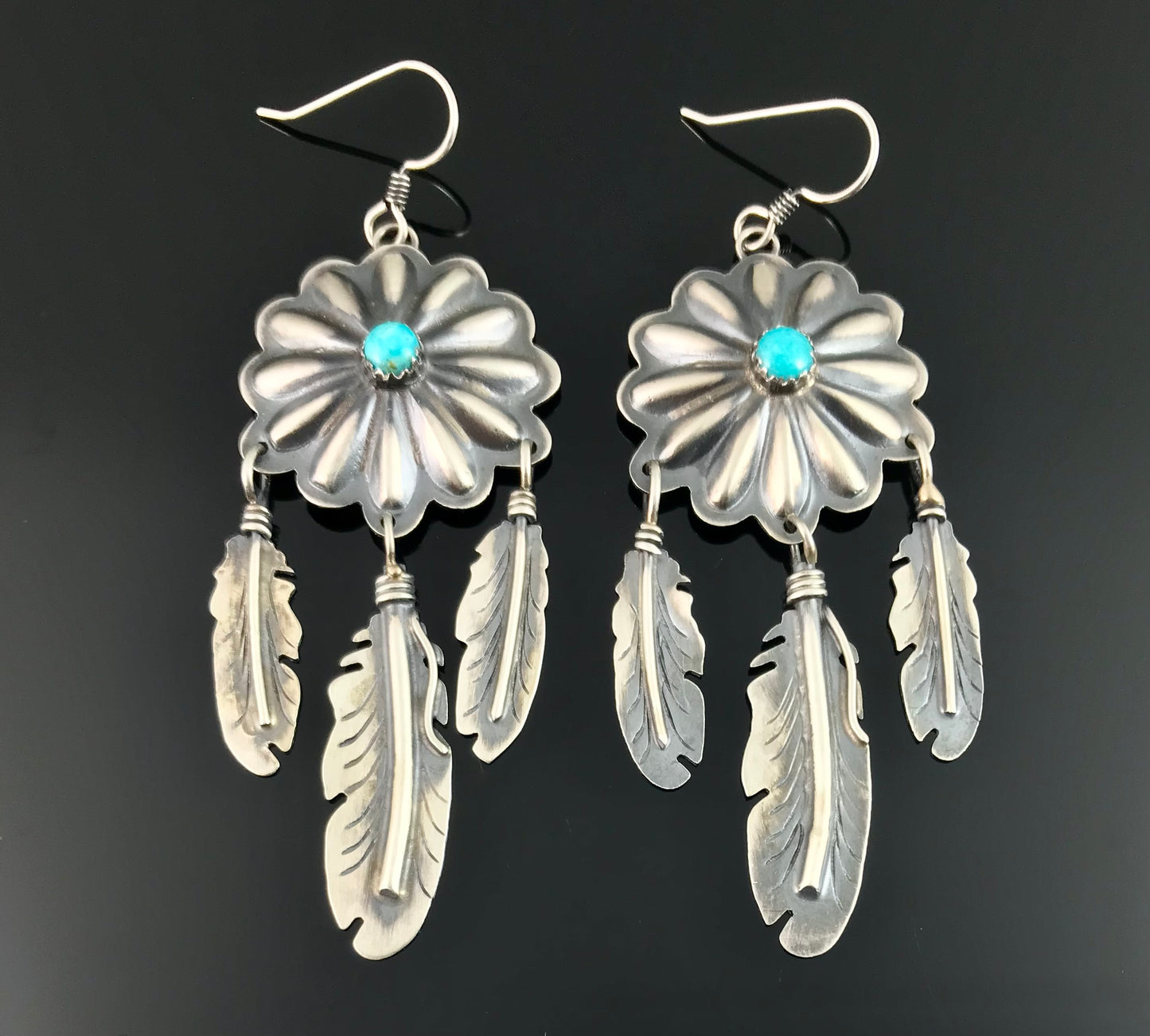 Turquoise Concho and Feather Earrings Native American Navajo - Cordarllo Chee.