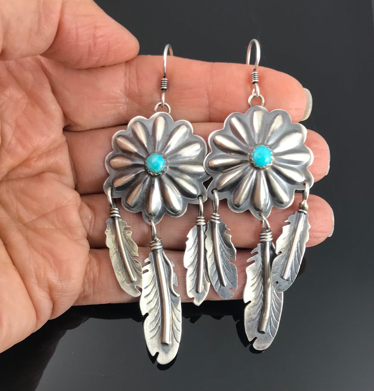 Turquoise Concho and Feather Earrings Native American Navajo - Cordarllo Chee.