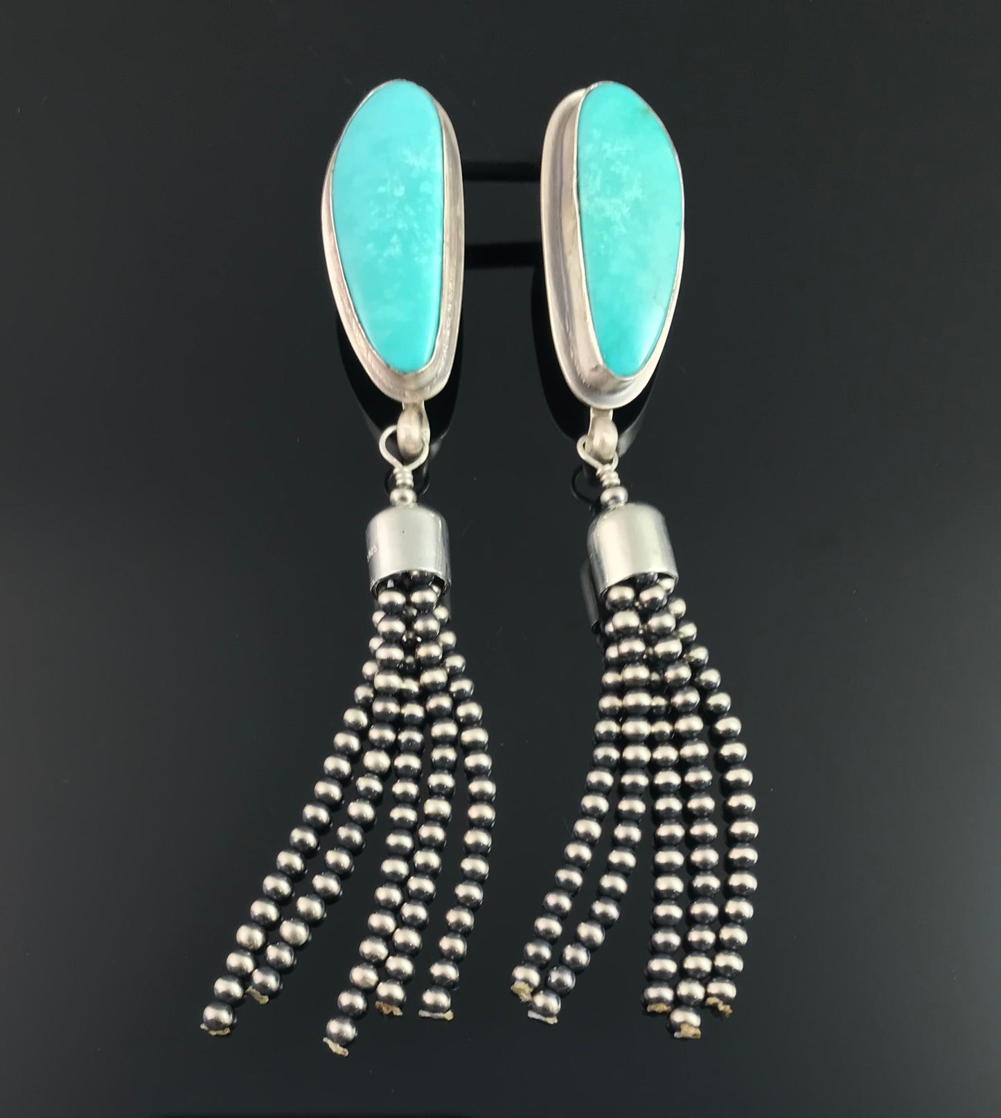 Turquoise Tassel Native American Navajo Sterling Silver Earrings Signed - Gilbert Nez