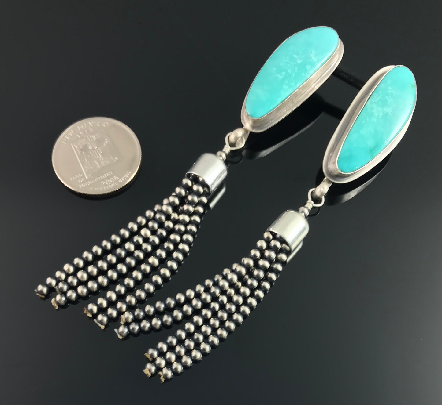 Turquoise Tassel Native American Navajo Sterling Silver Earrings Signed - Gilbert Nez