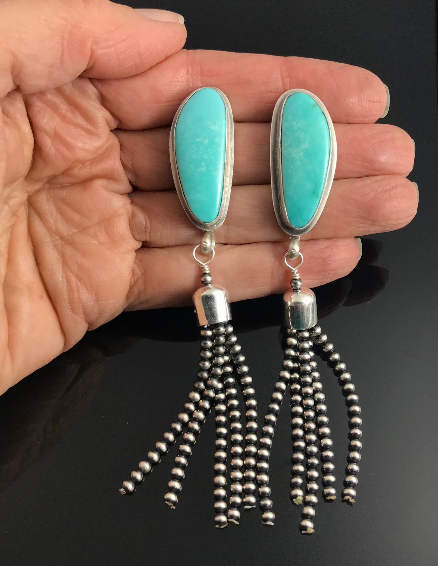 Turquoise Tassel Native American Navajo Sterling Silver Earrings Signed - Gilbert Nez