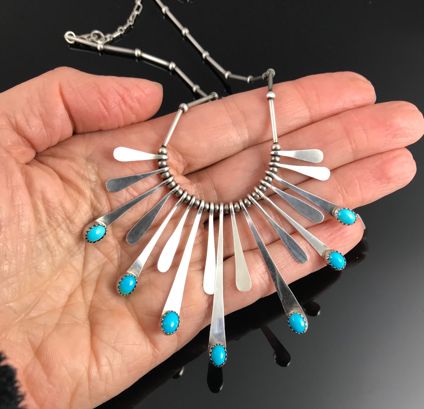 Turquoise Fan Necklace Native American Navajo Sterling Silver  - Vintage