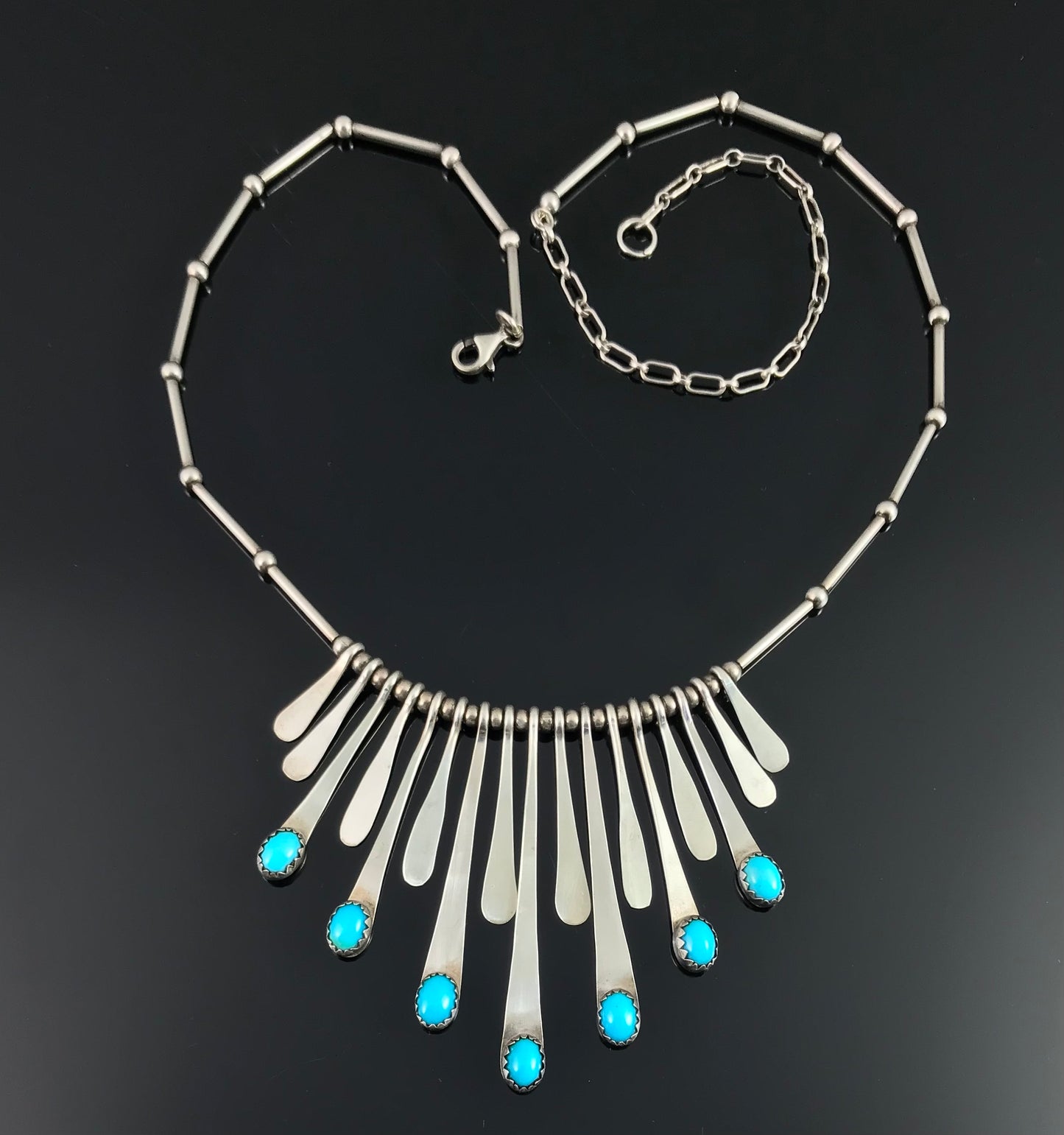 Turquoise Fan Necklace Native American Navajo Sterling Silver  - Vintage