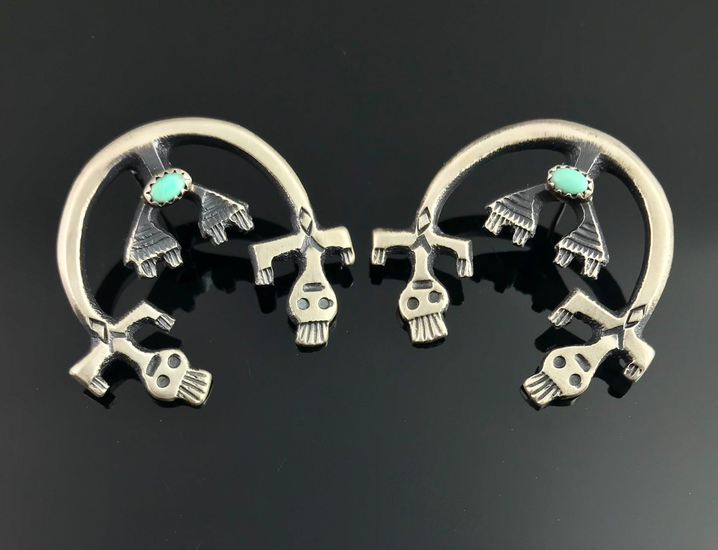 Rainbow Yei Sand Cast Sterling and Turquoise Native American Navajo Earrings - Martha Cayatineto