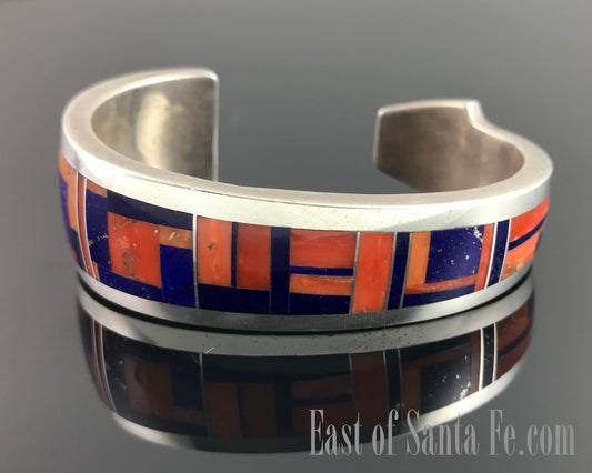 Mediterranean Red Coral and Lapis Inlay Cuff Bracelet Native American - Ray Tracey