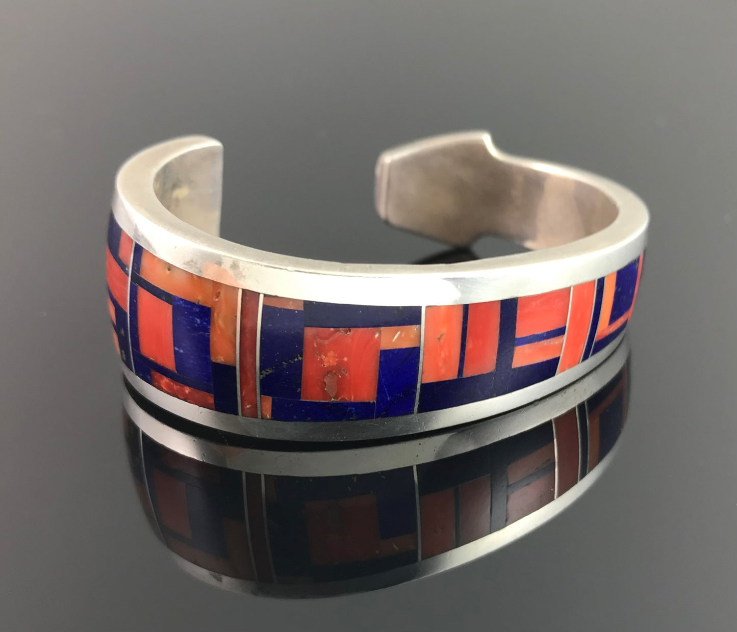 Mediterranean Red Coral and Lapis Inlay Cuff Bracelet Native American - Ray Tracey
