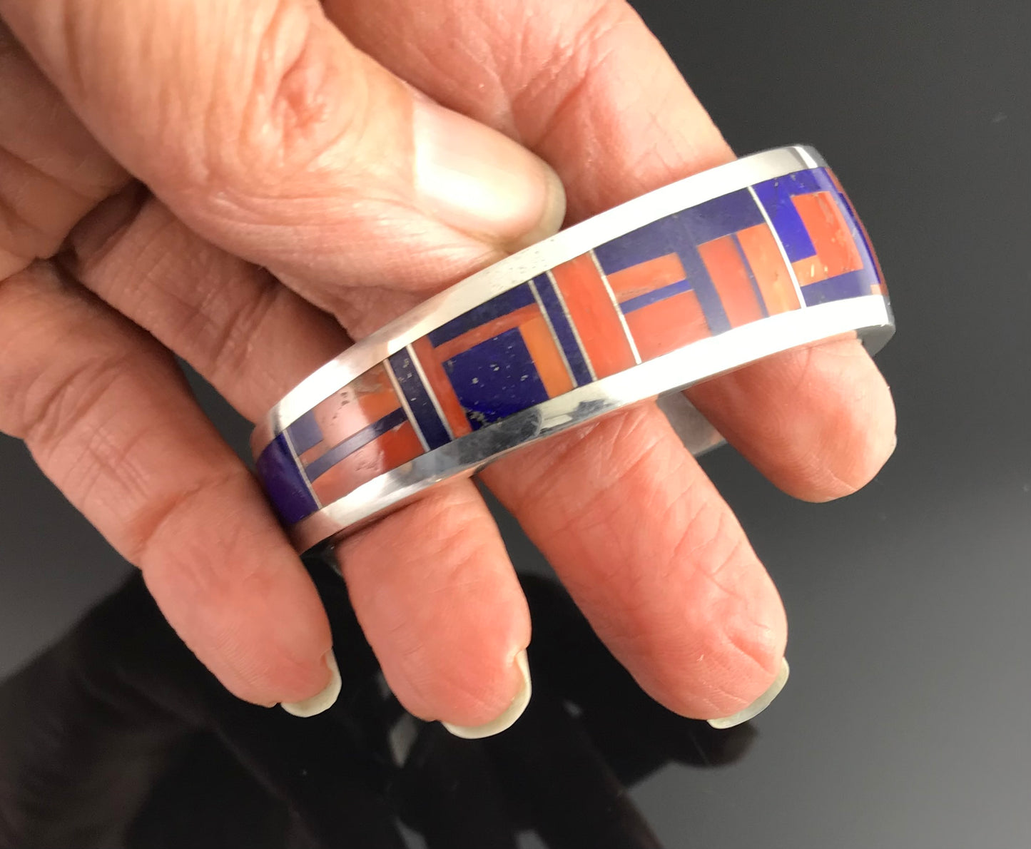 Mediterranean Red Coral and Lapis Inlay Cuff Bracelet Native American - Ray Tracey