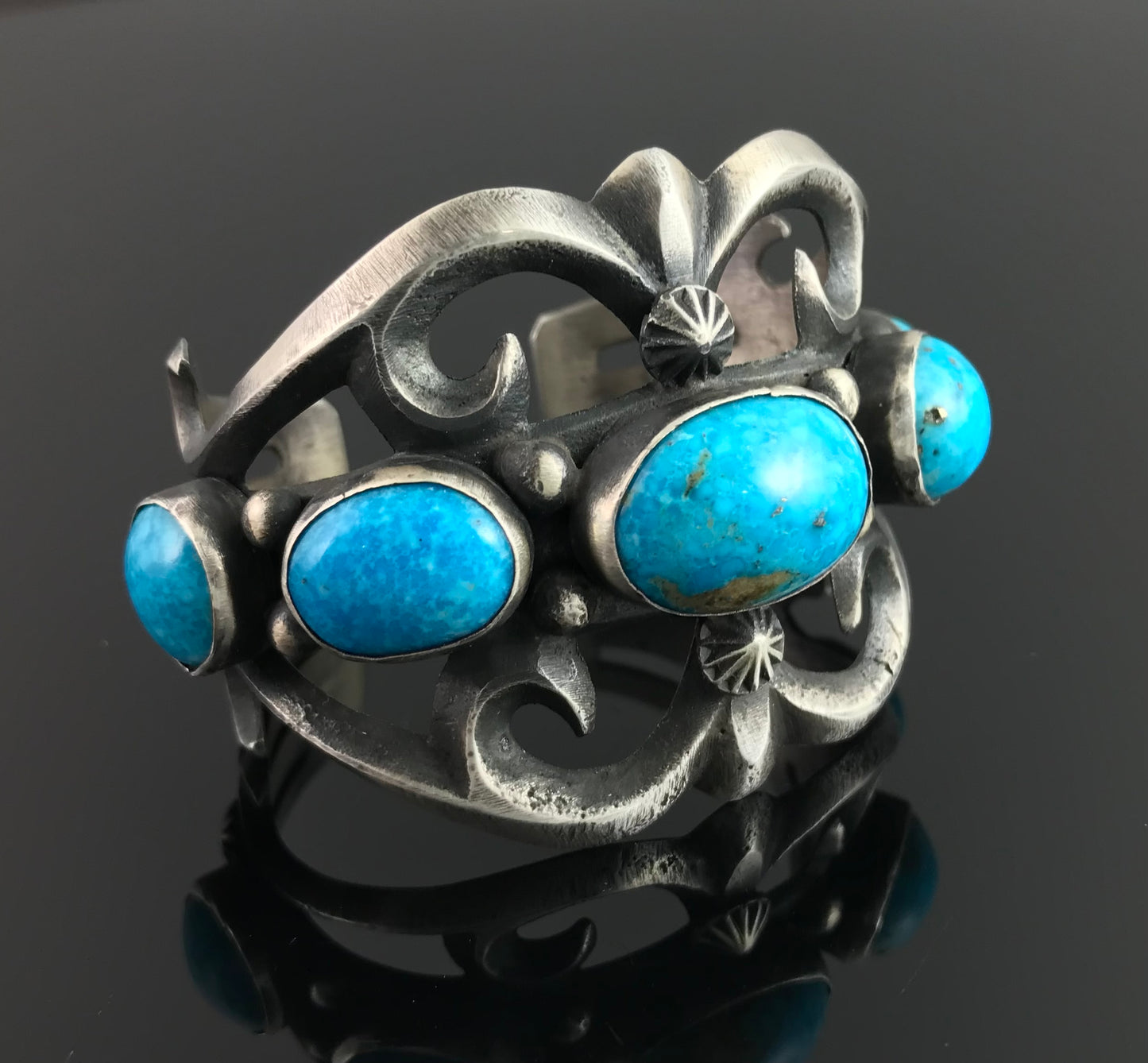 Persian Turquoise Sand Cast Navajo Native American Cuff Bracelet Sterling Silver Signed - Chimney Butte