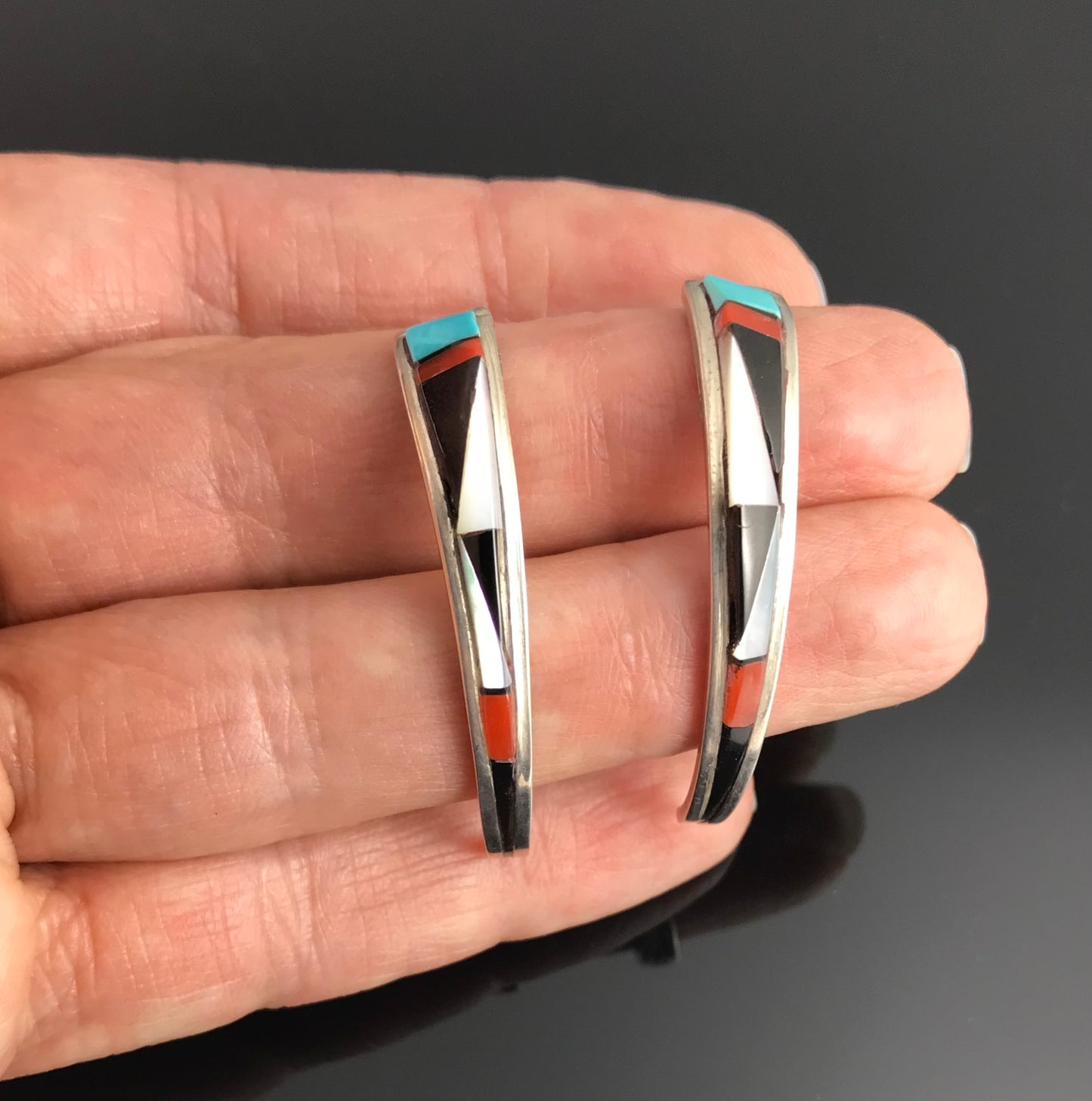 Zuni Inlay Half Hoop Earrings Native American - Vintage