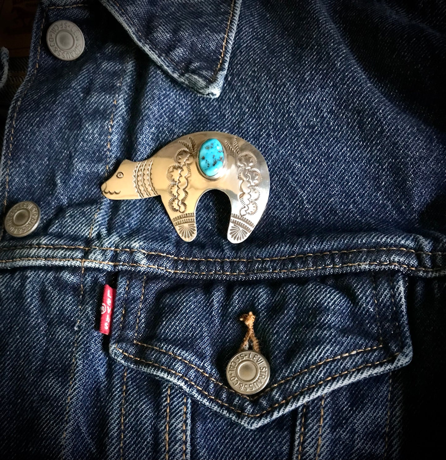 Large Hand Stamped Silver and Turquoise Bear Pin Native American Navajo - NAKAI