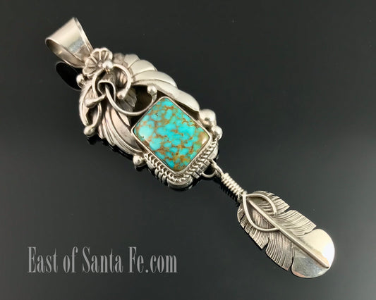 Ornate Turquoise Feather Necklace Pendant Navajo Native American Signed - Delbert Vandever