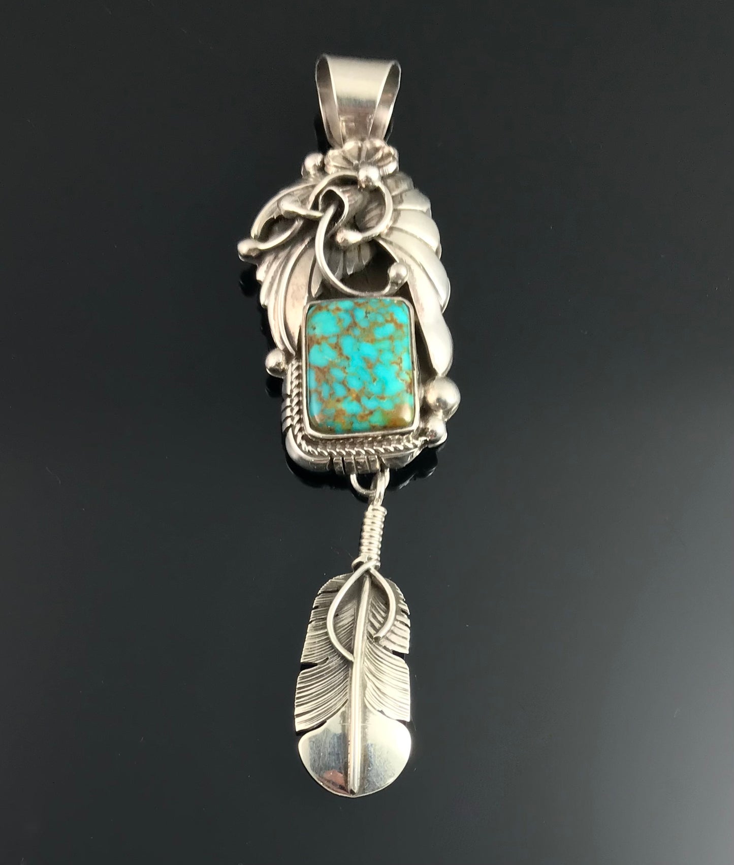 Ornate Turquoise Feather Necklace Pendant Navajo Native American Signed - Delbert Vandever