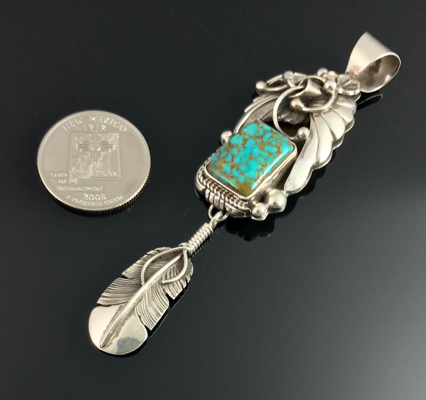 Ornate Turquoise Feather Necklace Pendant Navajo Native American Signed - Delbert Vandever