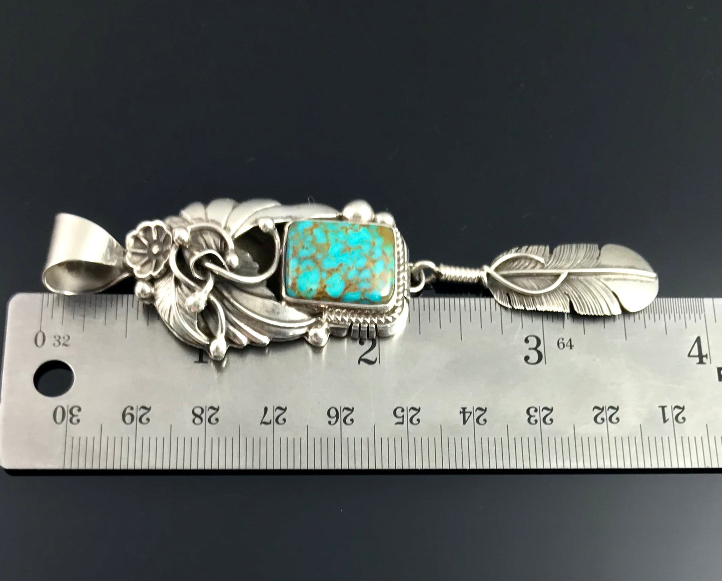 Ornate Turquoise Feather Necklace Pendant Navajo Native American Signed - Delbert Vandever