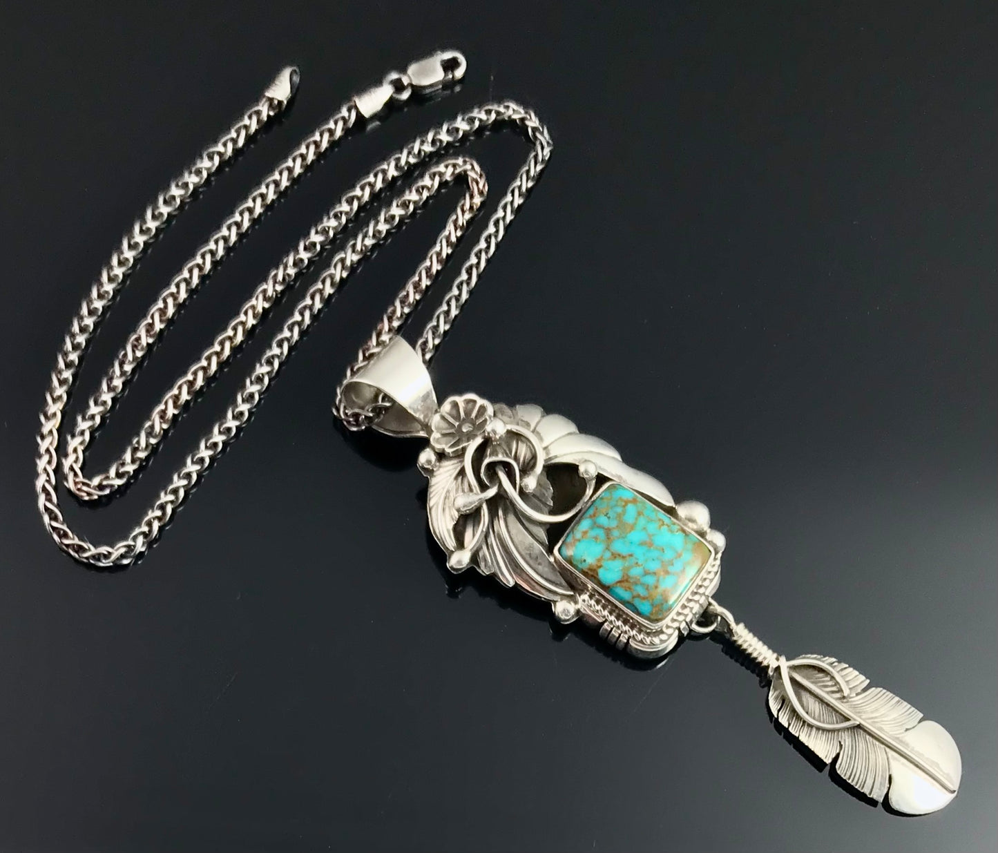 Ornate Turquoise Feather Necklace Pendant Navajo Native American Signed - Delbert Vandever