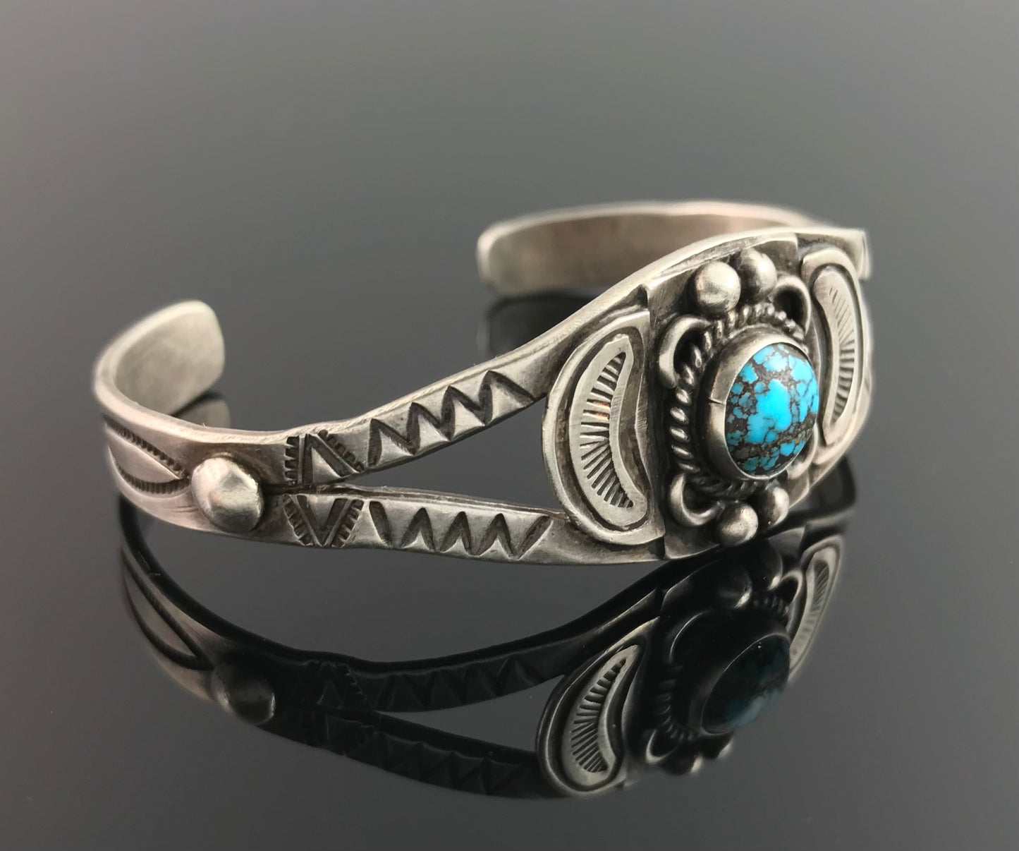 Small Wrist - Fred Harvey Turquoise Native American Navajo Cuff Bracelet Sterling Silver - Vintage