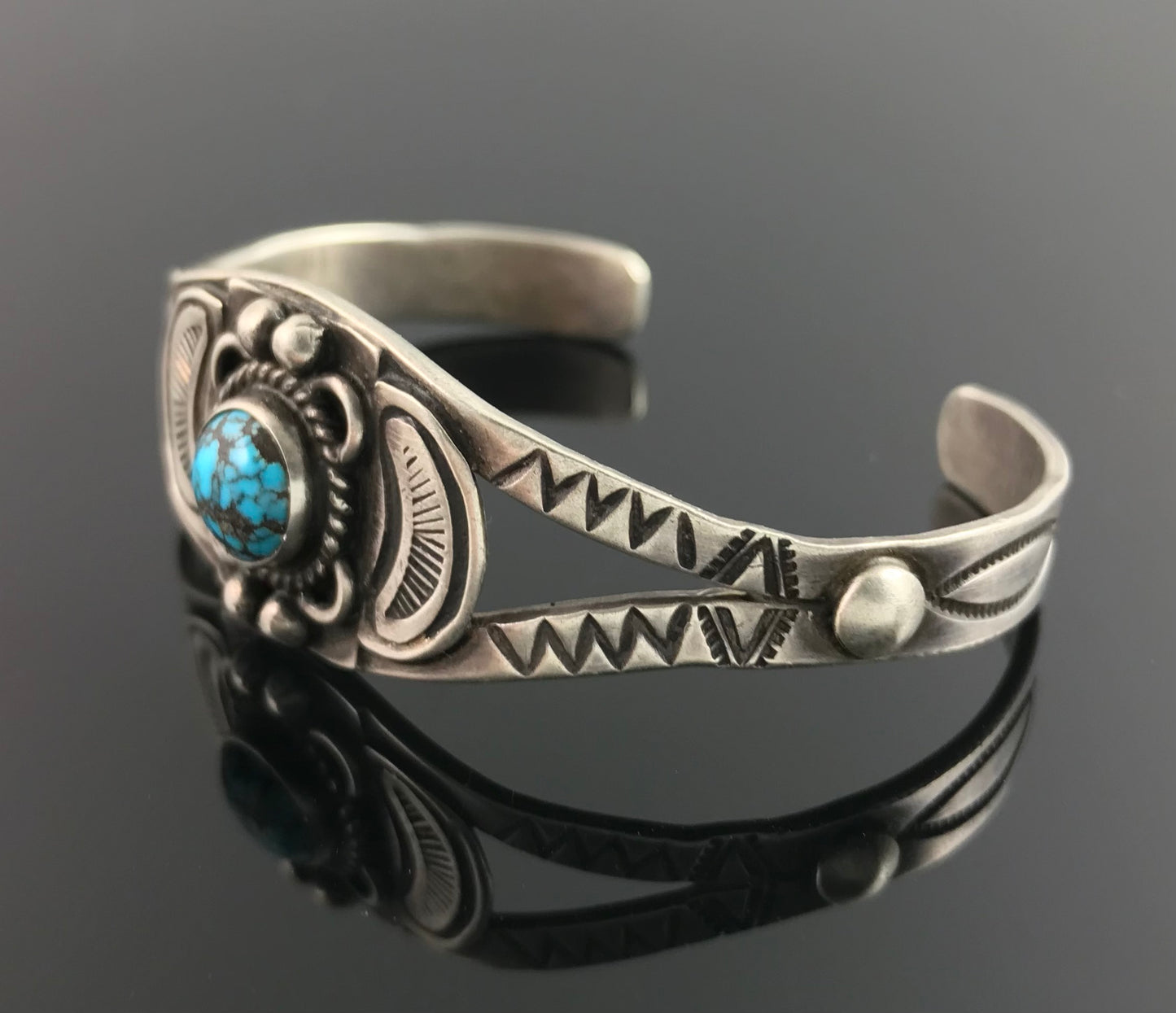 Small Wrist - Fred Harvey Turquoise Native American Navajo Cuff Bracelet Sterling Silver - Vintage