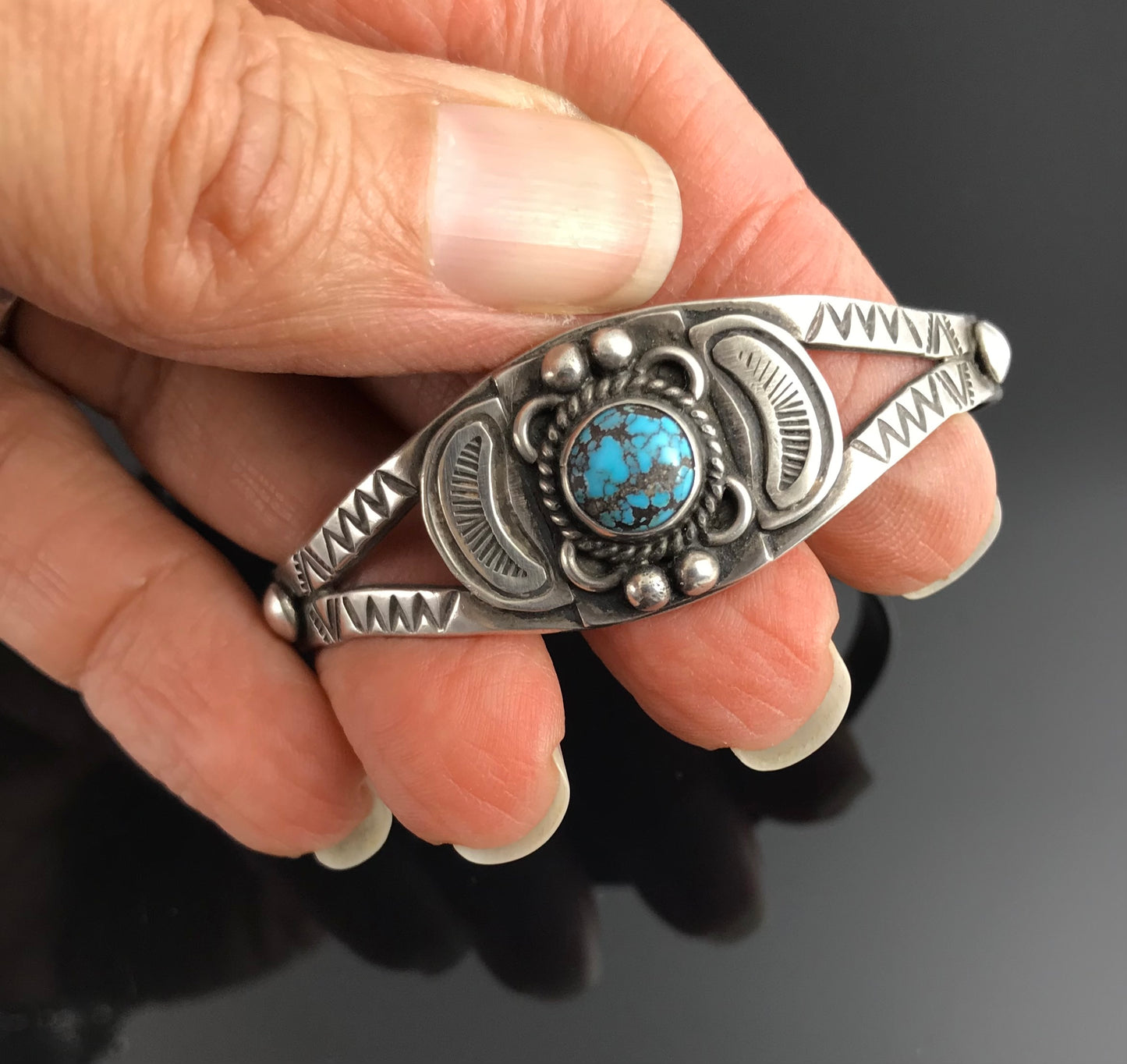 Small Wrist - Fred Harvey Turquoise Native American Navajo Cuff Bracelet Sterling Silver - Vintage