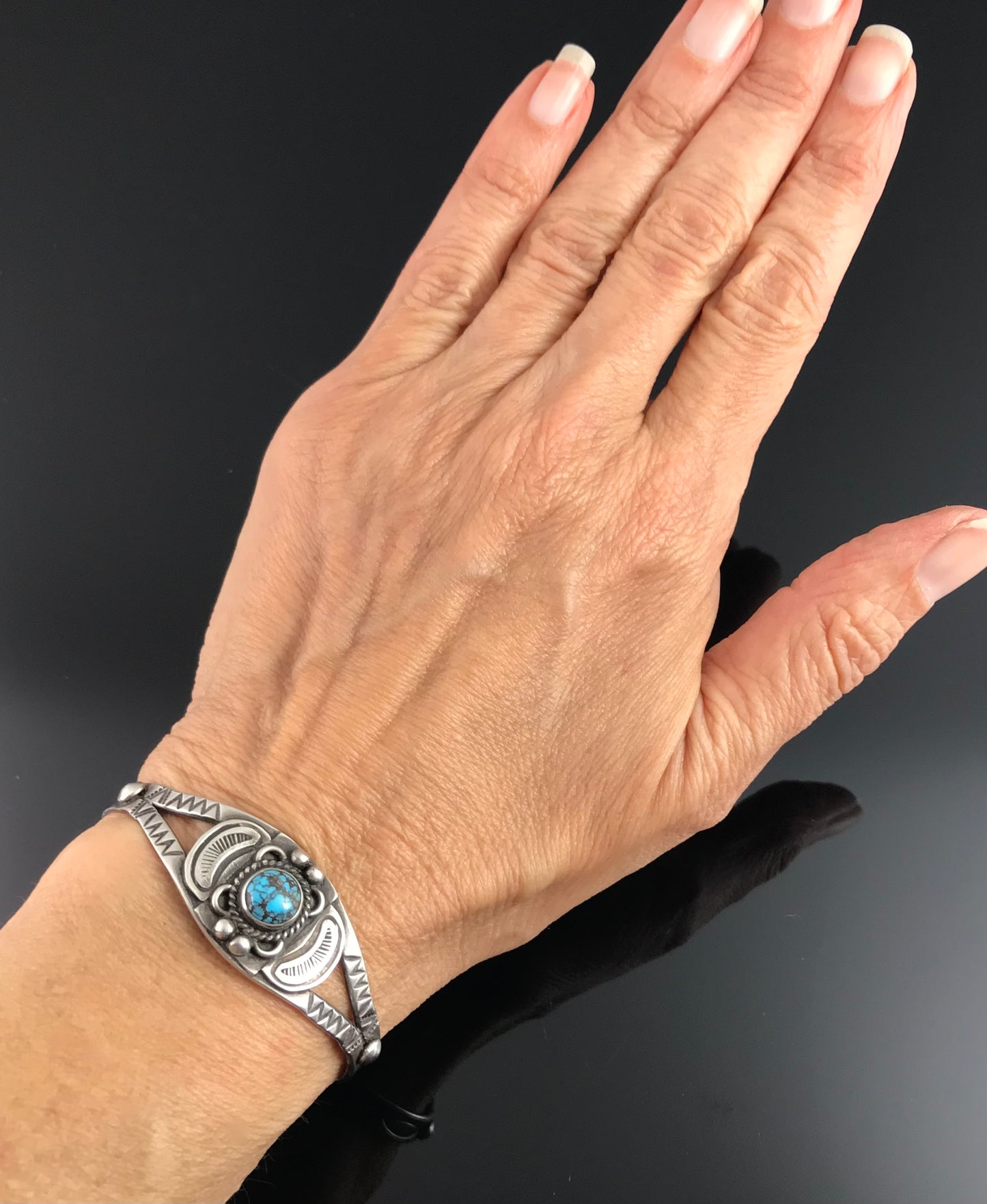 Small Wrist - Fred Harvey Turquoise Native American Navajo Cuff Bracelet Sterling Silver - Vintage